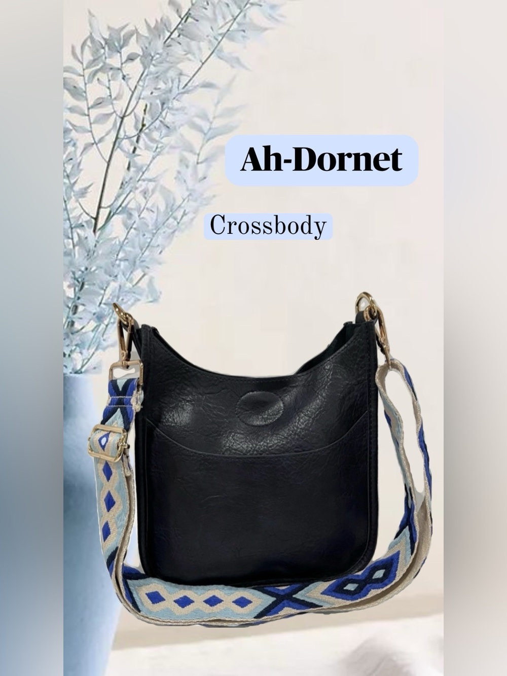 Ah-Dornet navy blue vegan leather messenger crossbody bag with adjustable strap